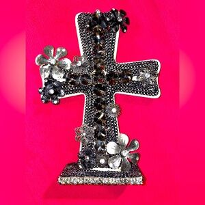 Artisanal Wood ✝️ w/ Repurposed Jewelry Deco of Silver, black & Grey Rhinestones